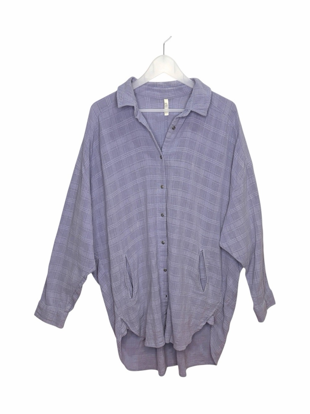 Free People Cotton Gauze Plaid Button Down Oversized Shirt Lilac Lavender M